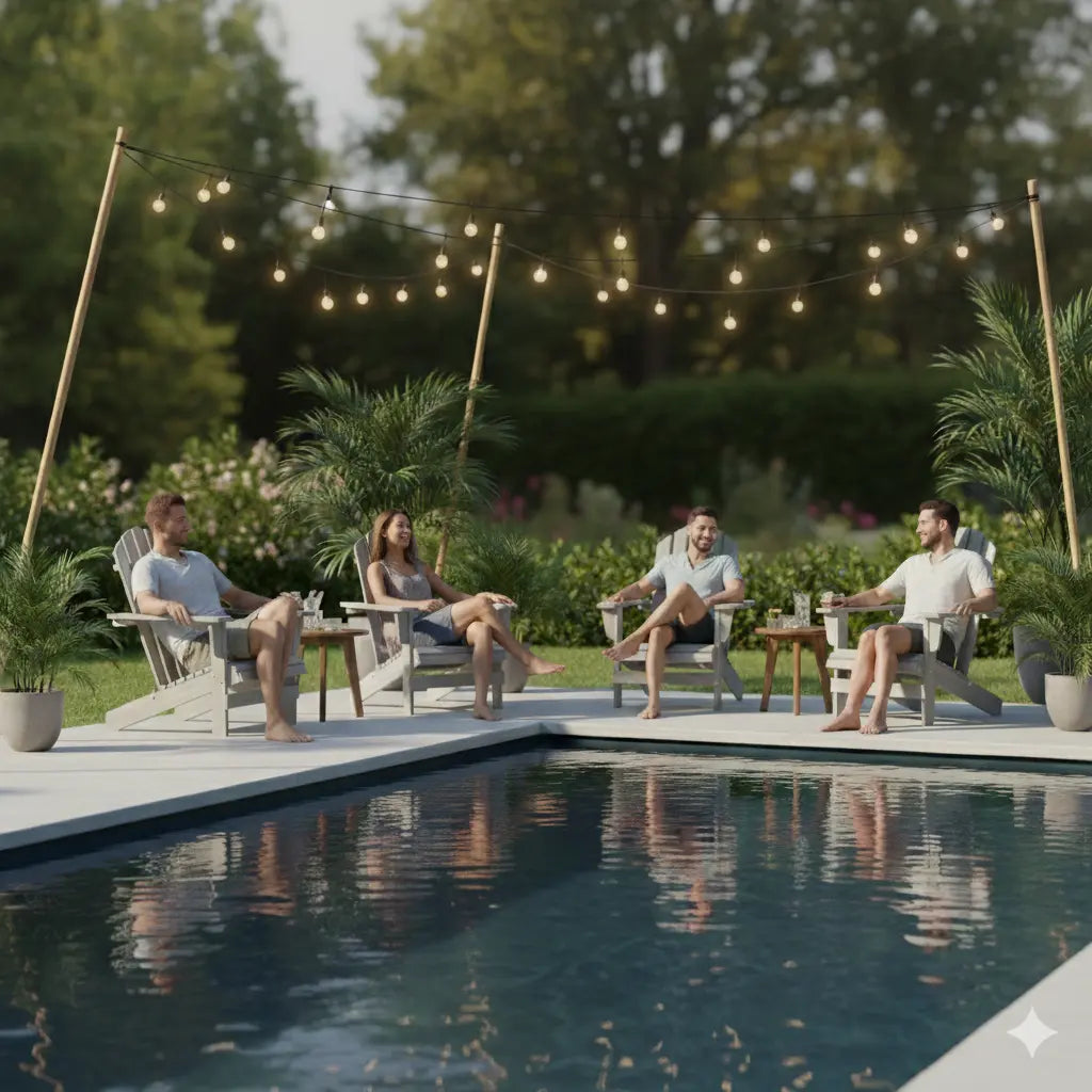 Couples d'amis en plein apéro au bord d'une piscine sur un salon de jaridn adirondack