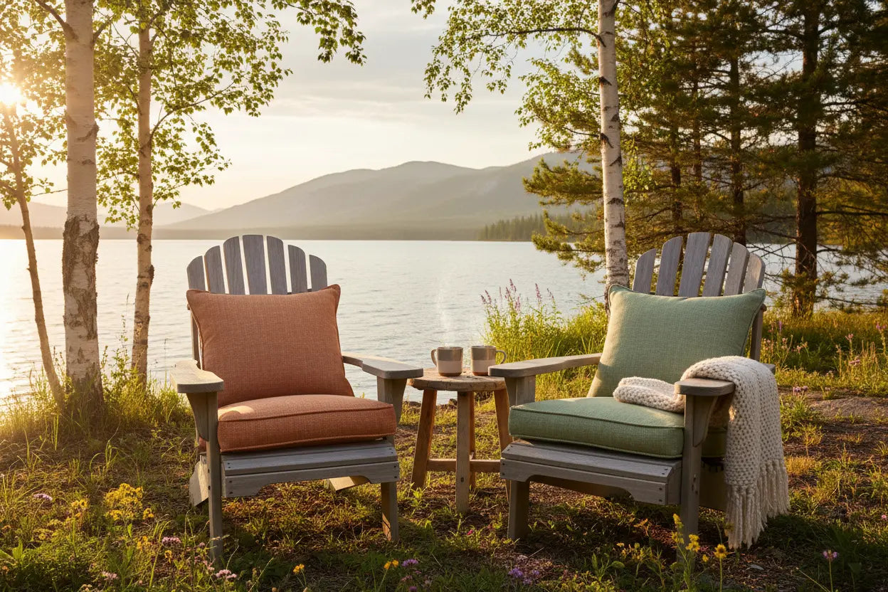 2 fauteuils adirondack en bois massif avec leurs coussins pour garantir le confort maximal