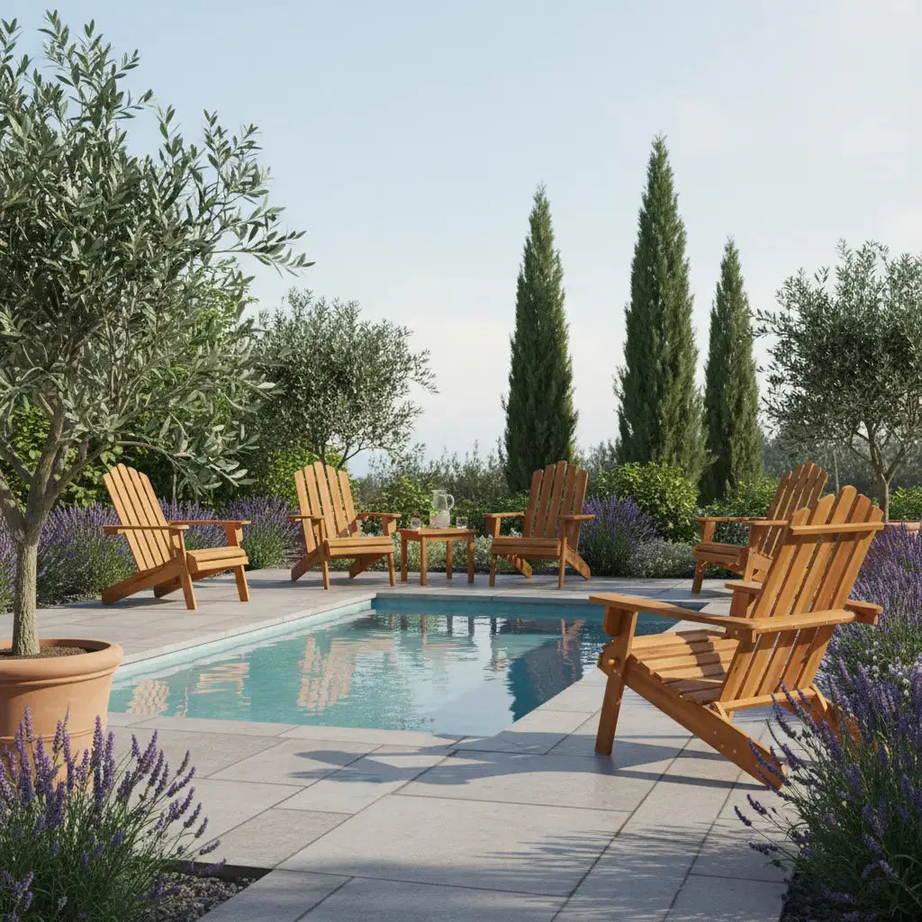 Salon de jardin fauteuil adirondack en bois au bord d'une piscine
