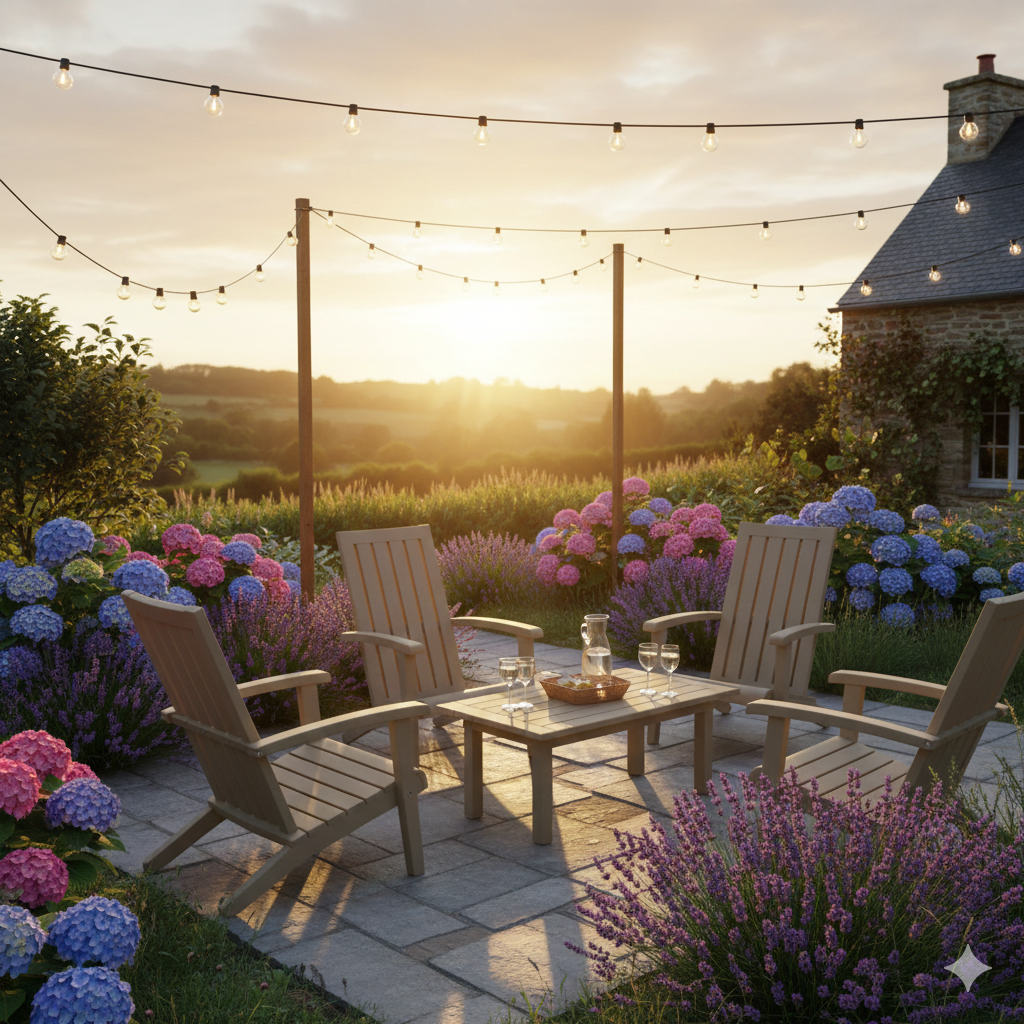 Fauteuil adirondack en plastique dans un salon de jardin en Bretagne avec soleil couchant