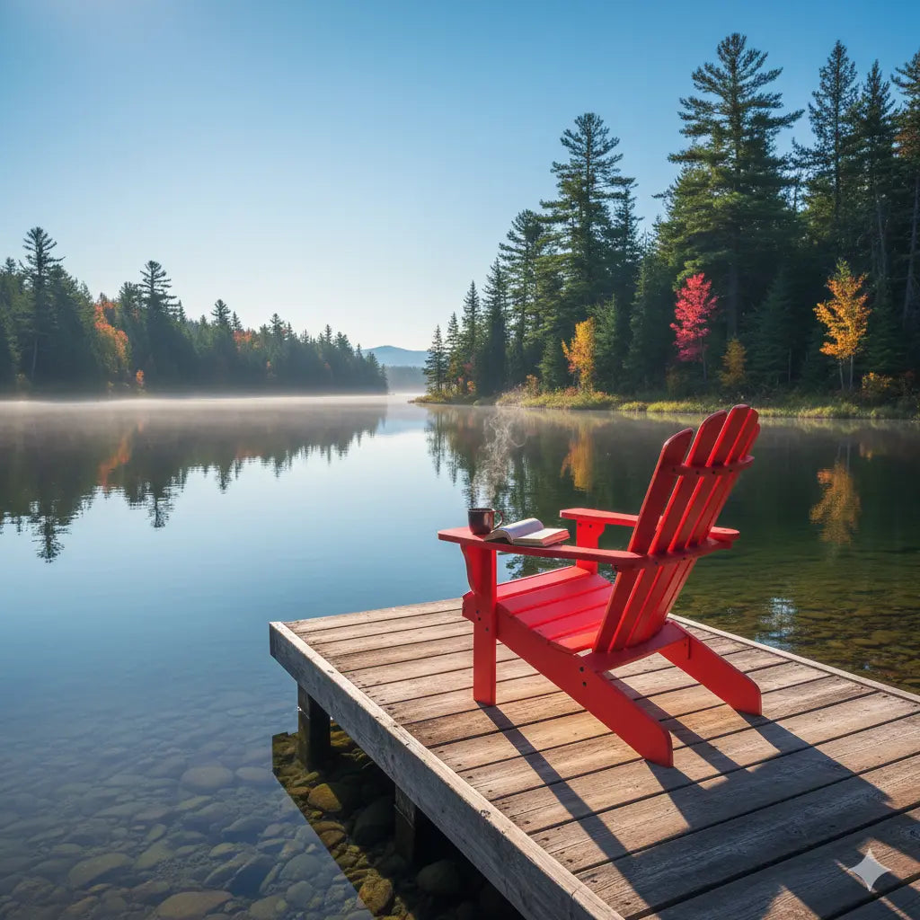 Fauteuil de jardin adirondack authentique rouge en bois massif sur un ponton au bord d'un lac en amérique du nord