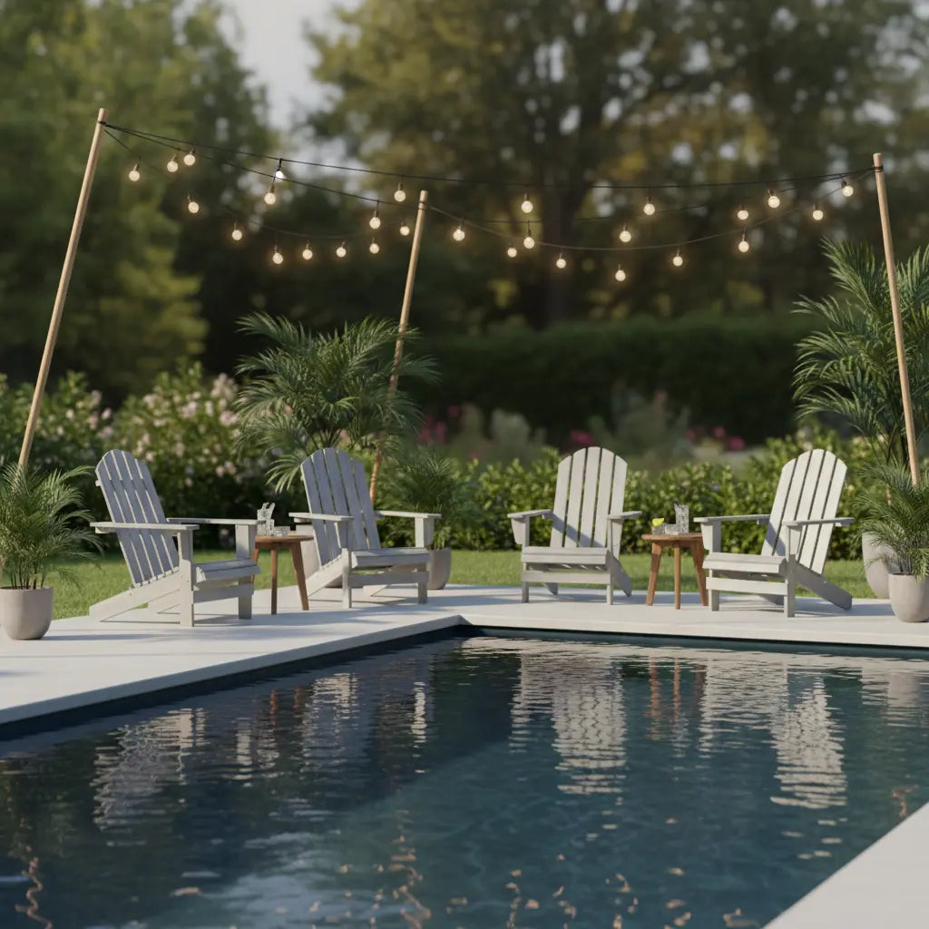 Terrasse ambiance guinguette avec plusieurs fauteuils de jardin adirondack au bord d'une piscine
