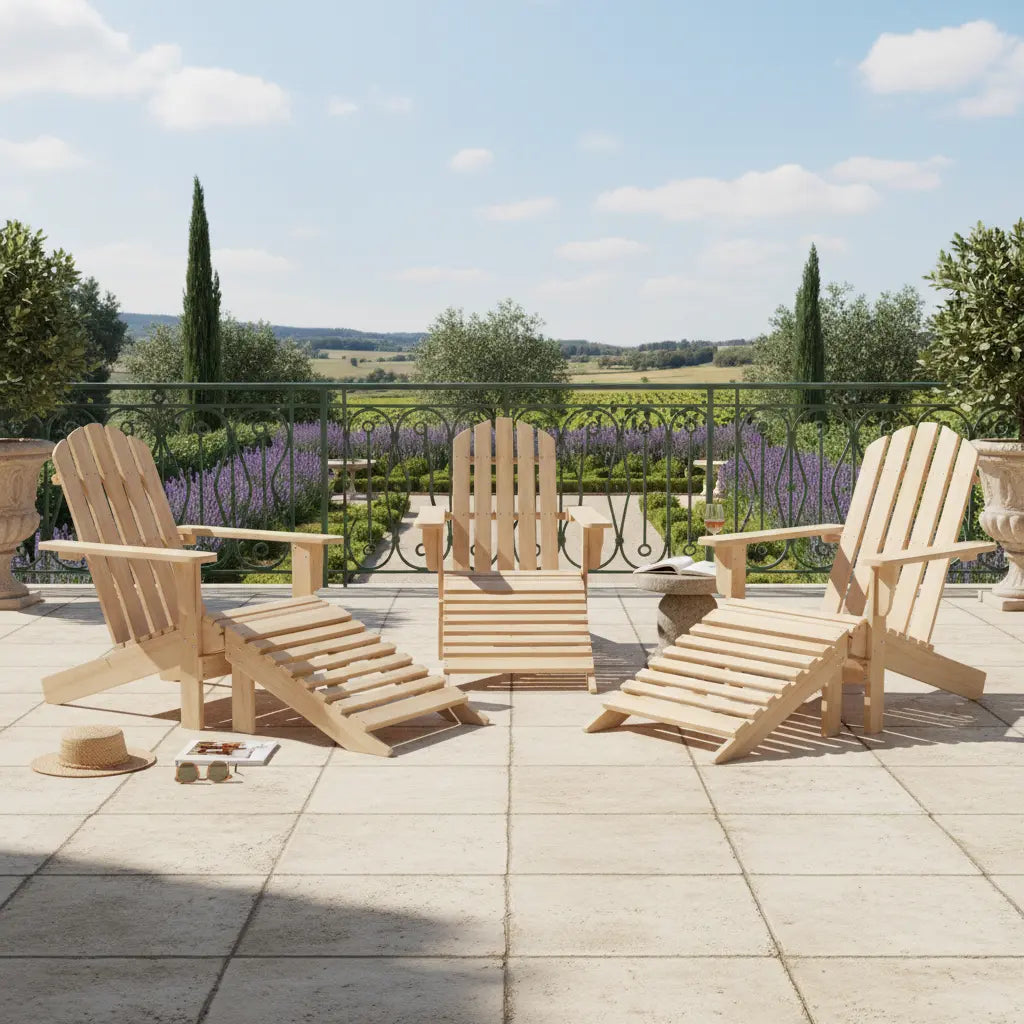 3 fauteuils de jardin adirondack et leurs repose-pieds sur une terrasse parisienne style haussmanien