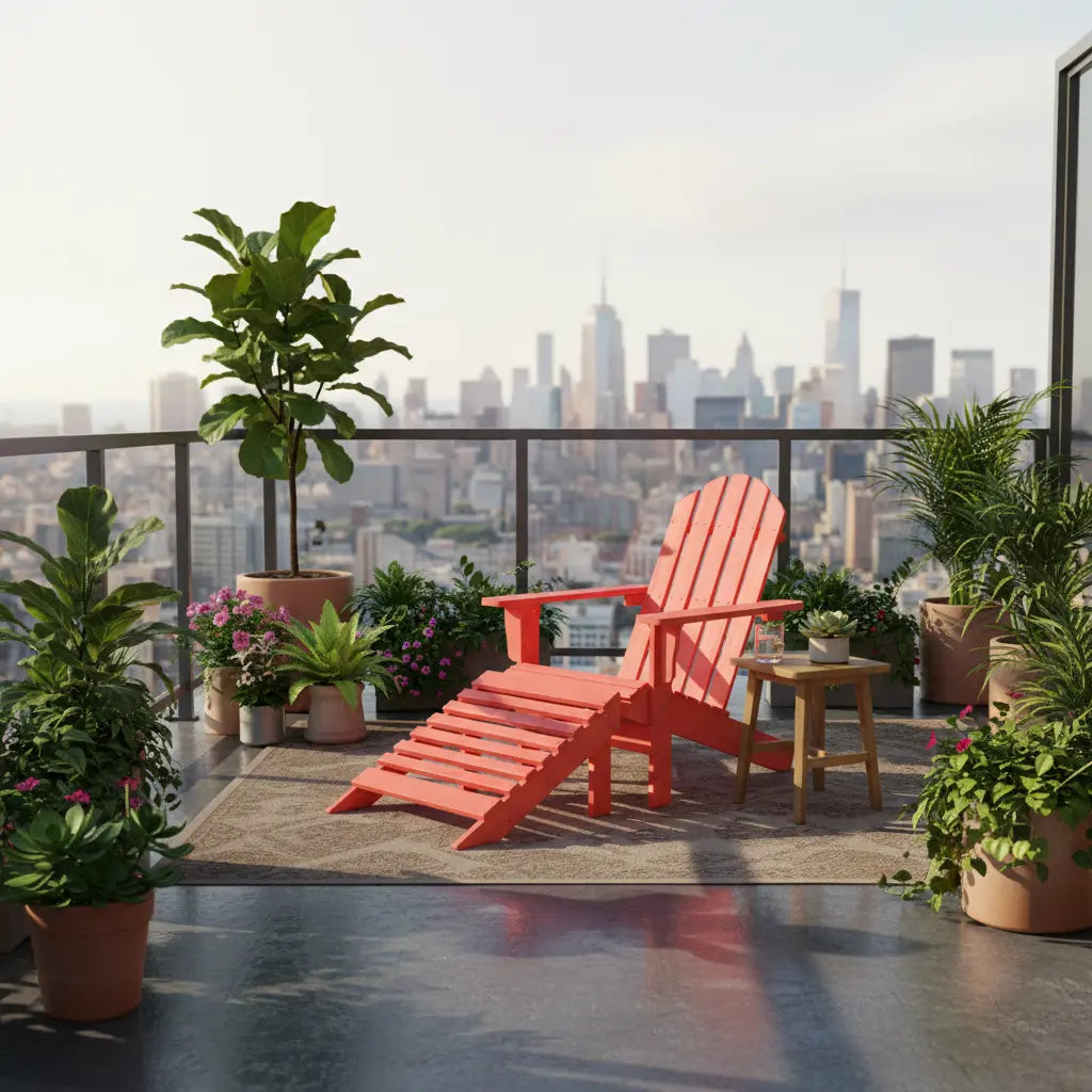 Fauteuil de jardin adirondack rouge iconique sur un balcon citadin à New York