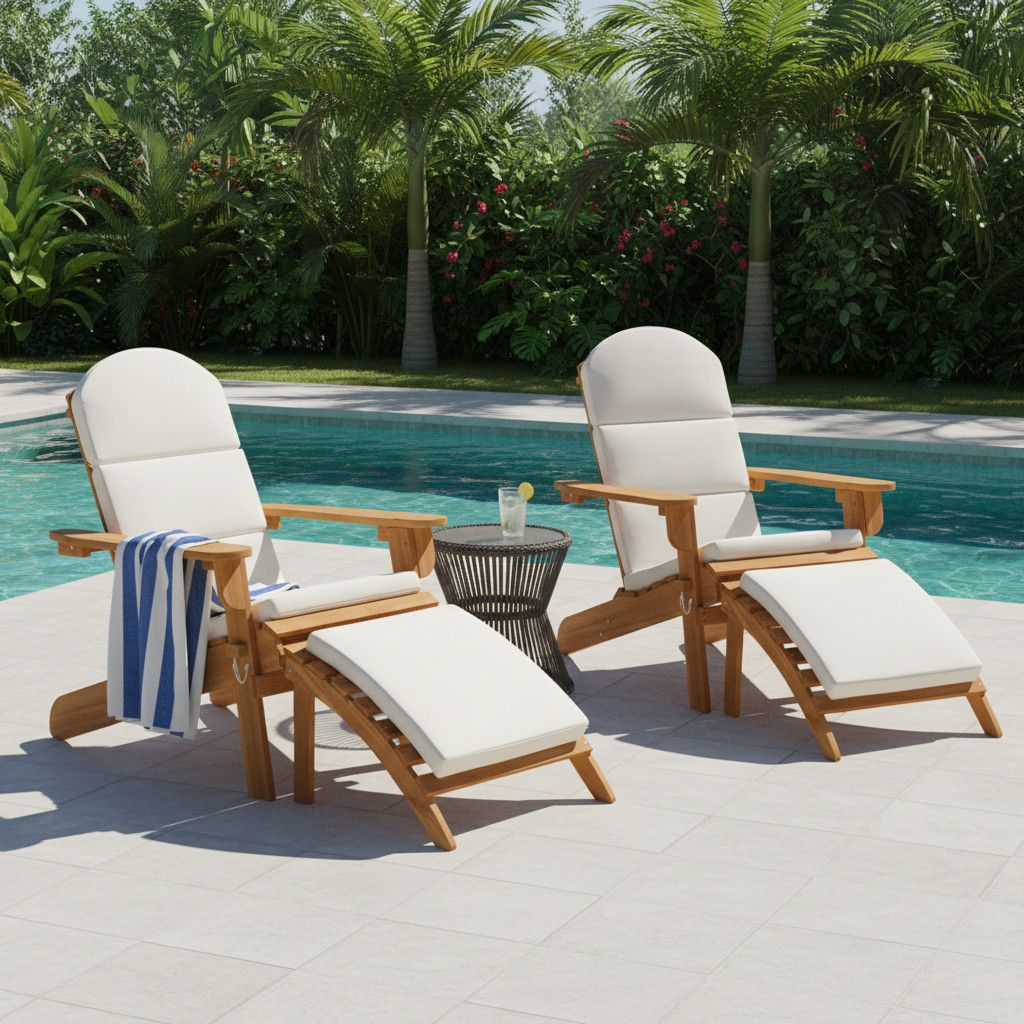 Chaise longue adirondack avec repose-pieds et coussins d'extérieur au bord de la piscine