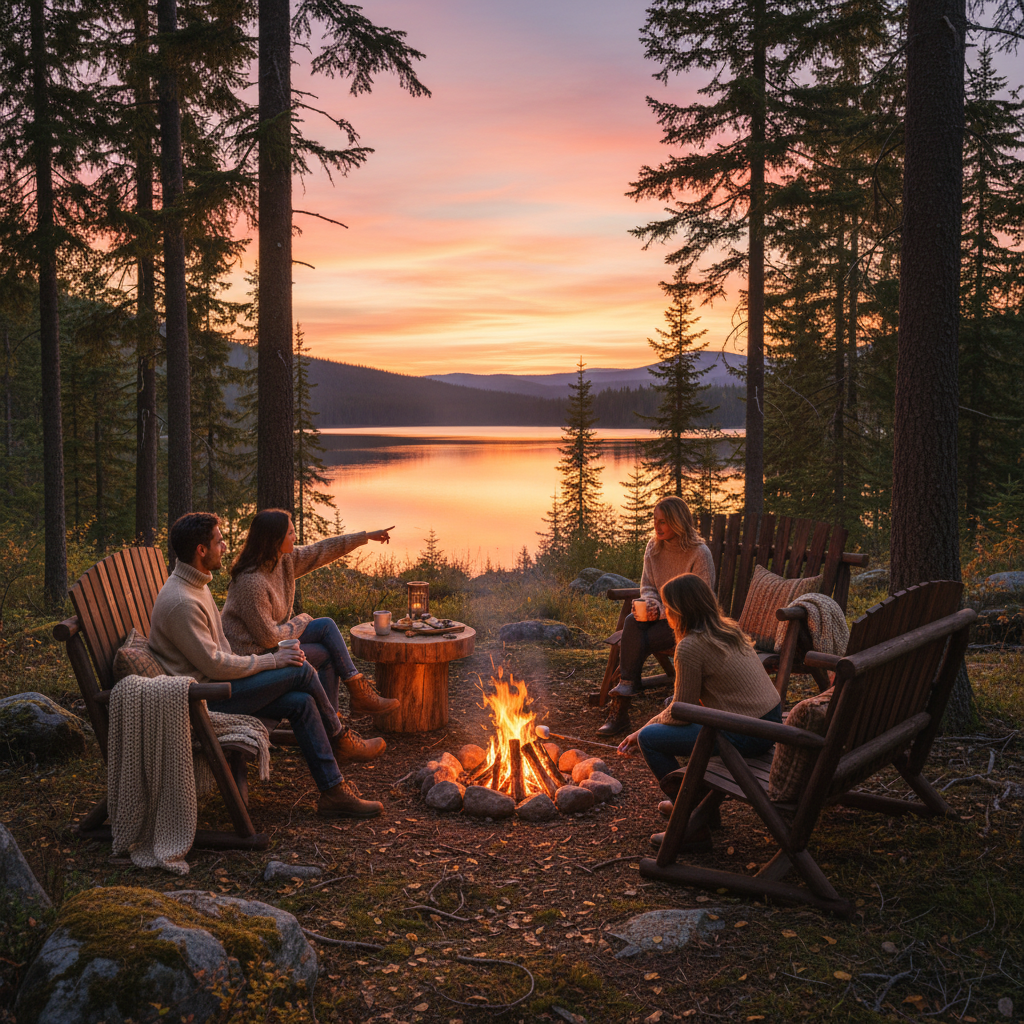 Soirée au bord du feu au Canada entre amis sur un banc de jardin style Adirondack