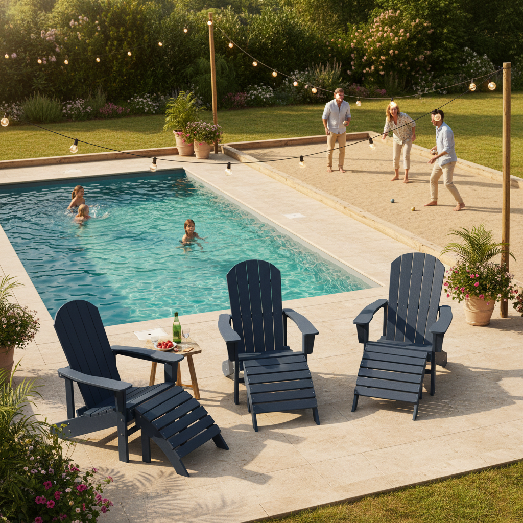 Salon de jardin en fauteuils adirondack autour d'une piscine en été et terrain de pétanque dans le sud