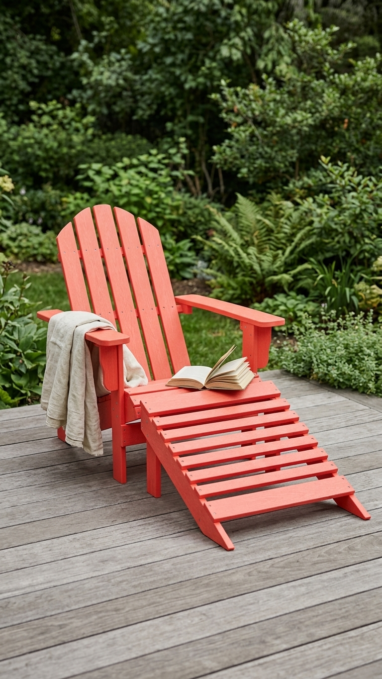 fauteuil Adirondack rouge avec repose-pieds sur une terrasse en bois