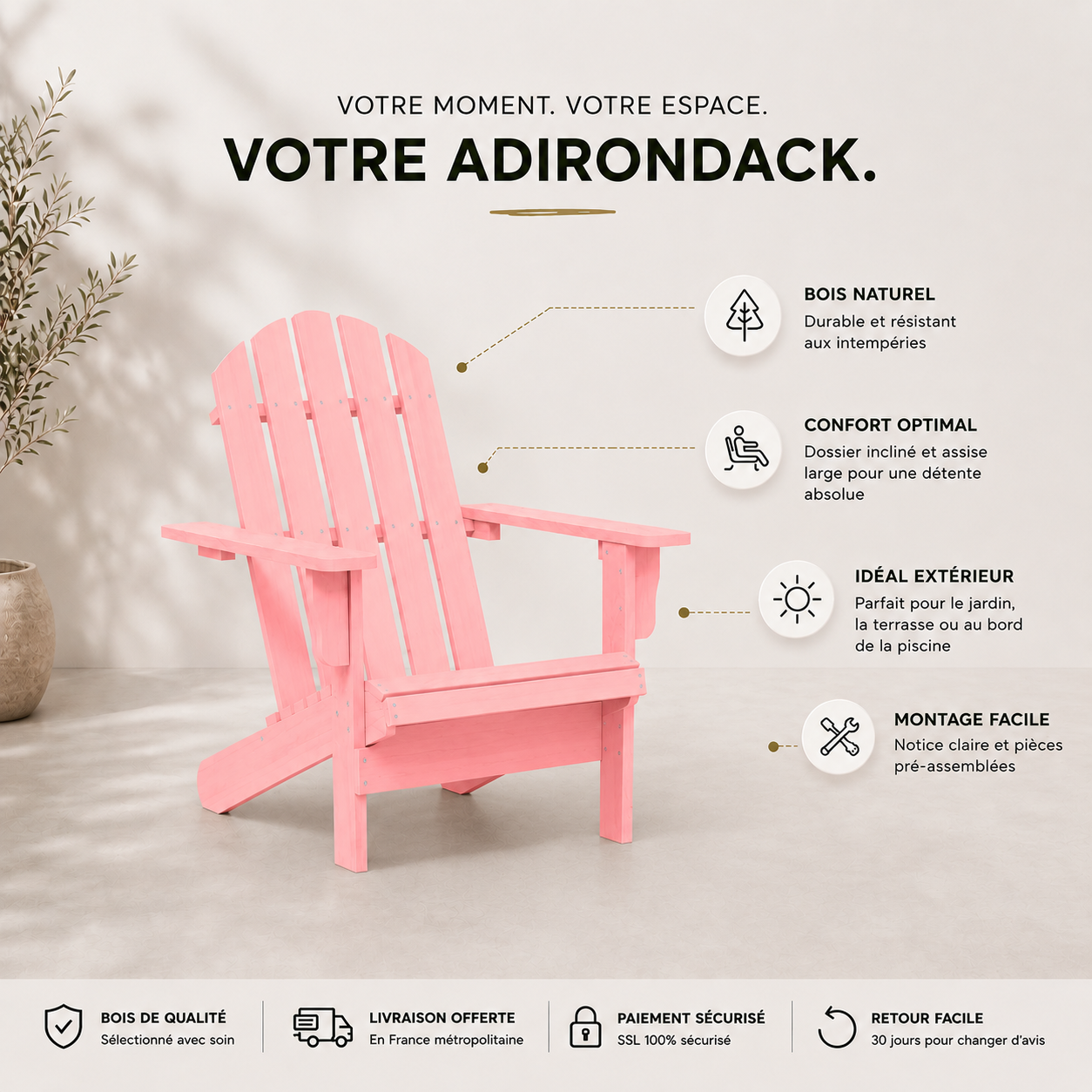 Chaise de jardin Adirondack en bois de sapin Rose | Club adirondack photo 10