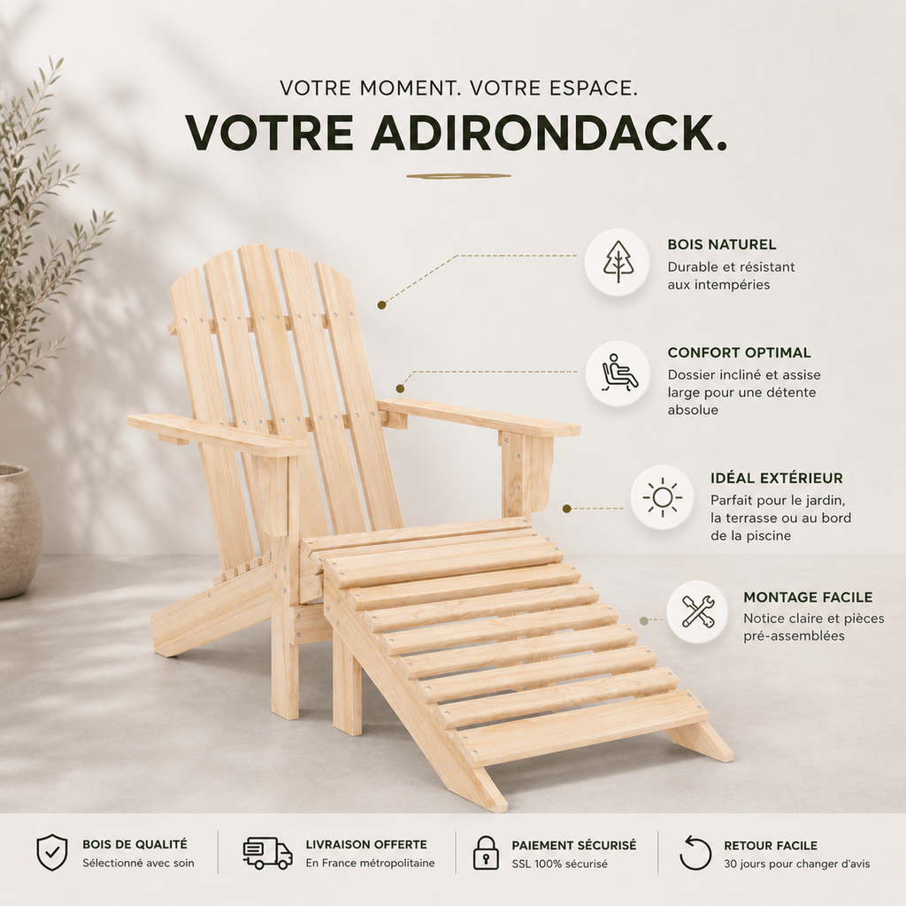Chaise de jardin Adirondack + repose pieds en bois de sapin Beige - Club Adirondack photo 10