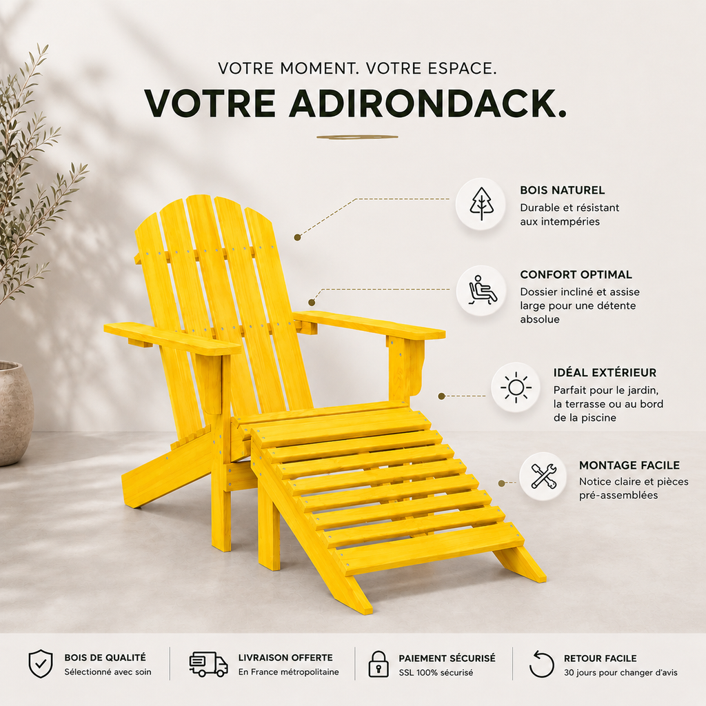 Chaise de jardin Adirondack + repose pieds en bois de sapin Jaune - Club Adirondack photo 10