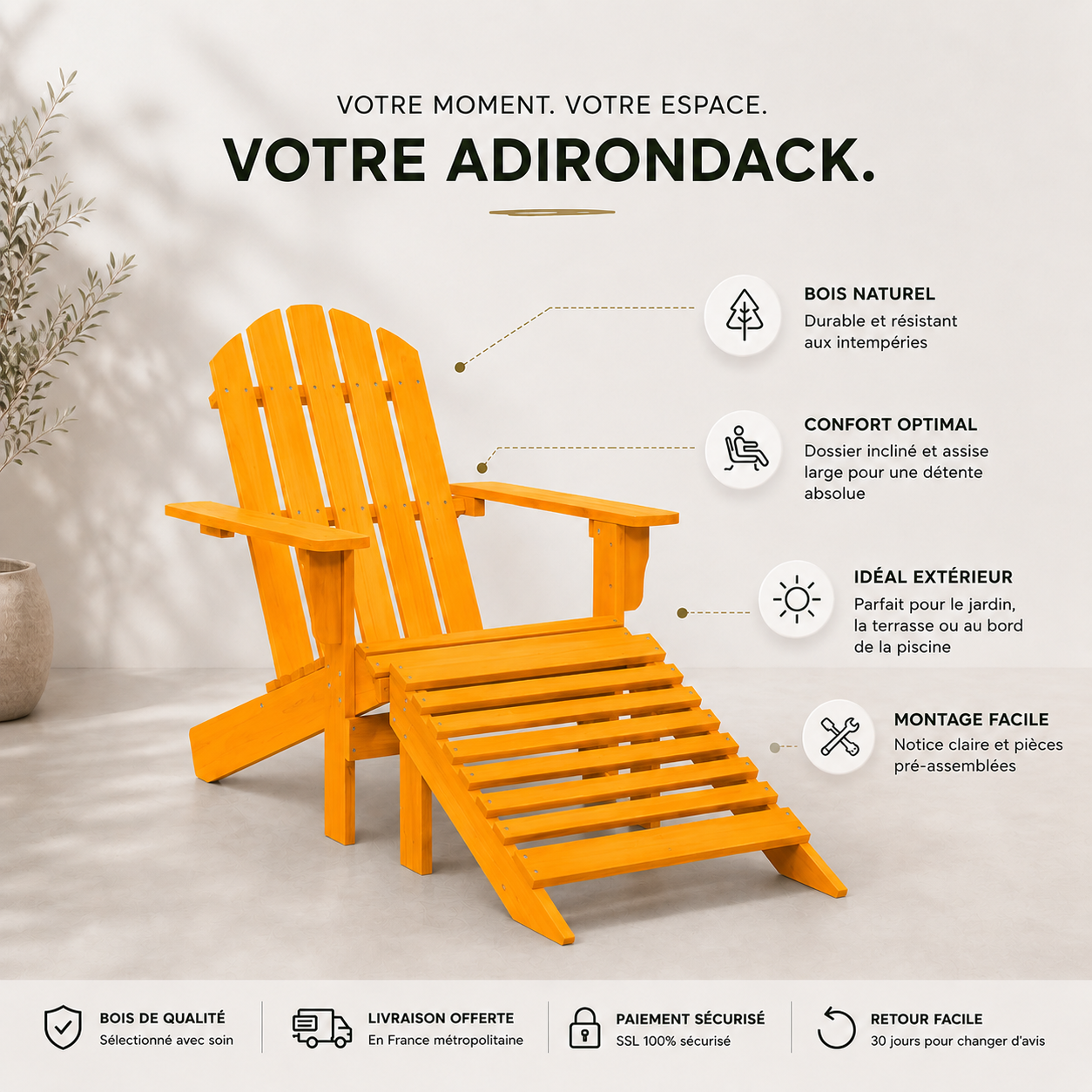 Chaise de jardin Adirondack + repose pieds en bois de sapin Orange - Club Adirondack photo 10