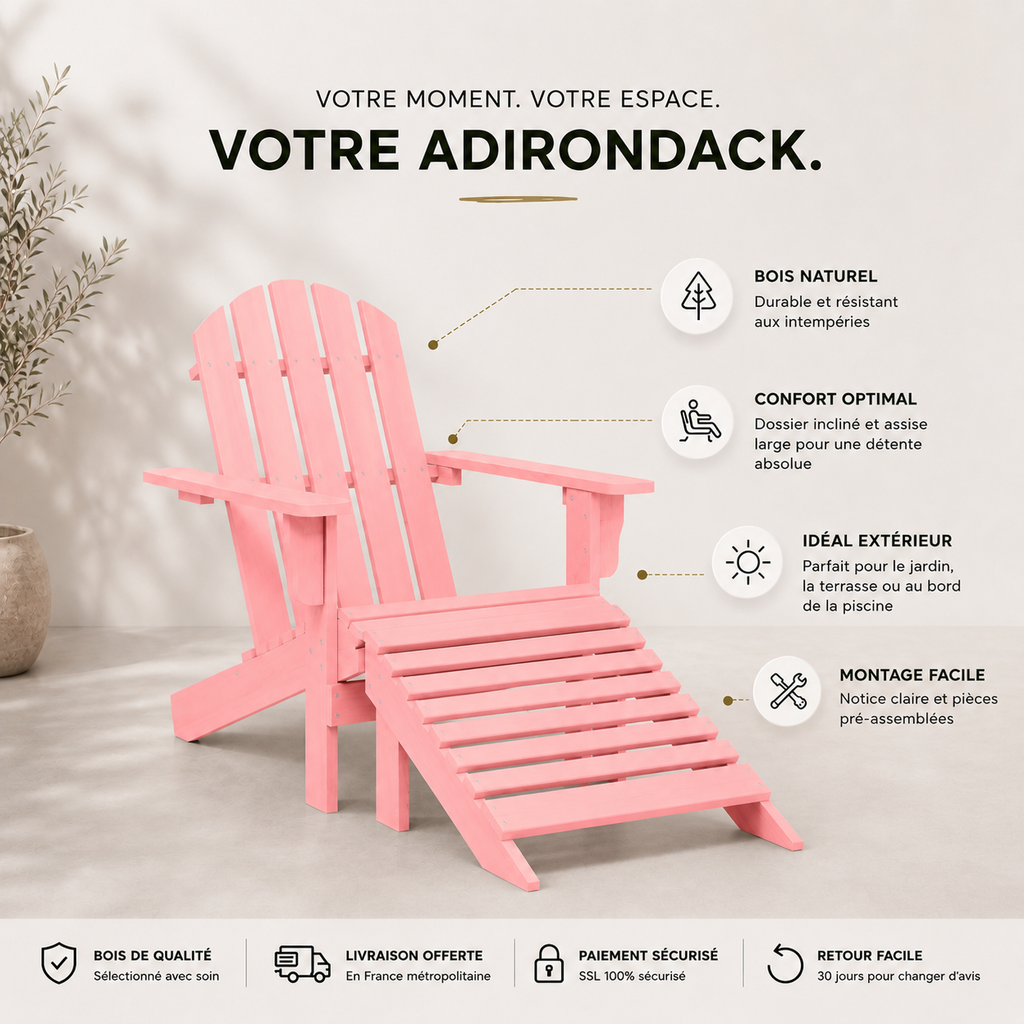 Chaise de jardin Adirondack + repose pieds en bois de sapin Rose - Club Adirondack photo 10
