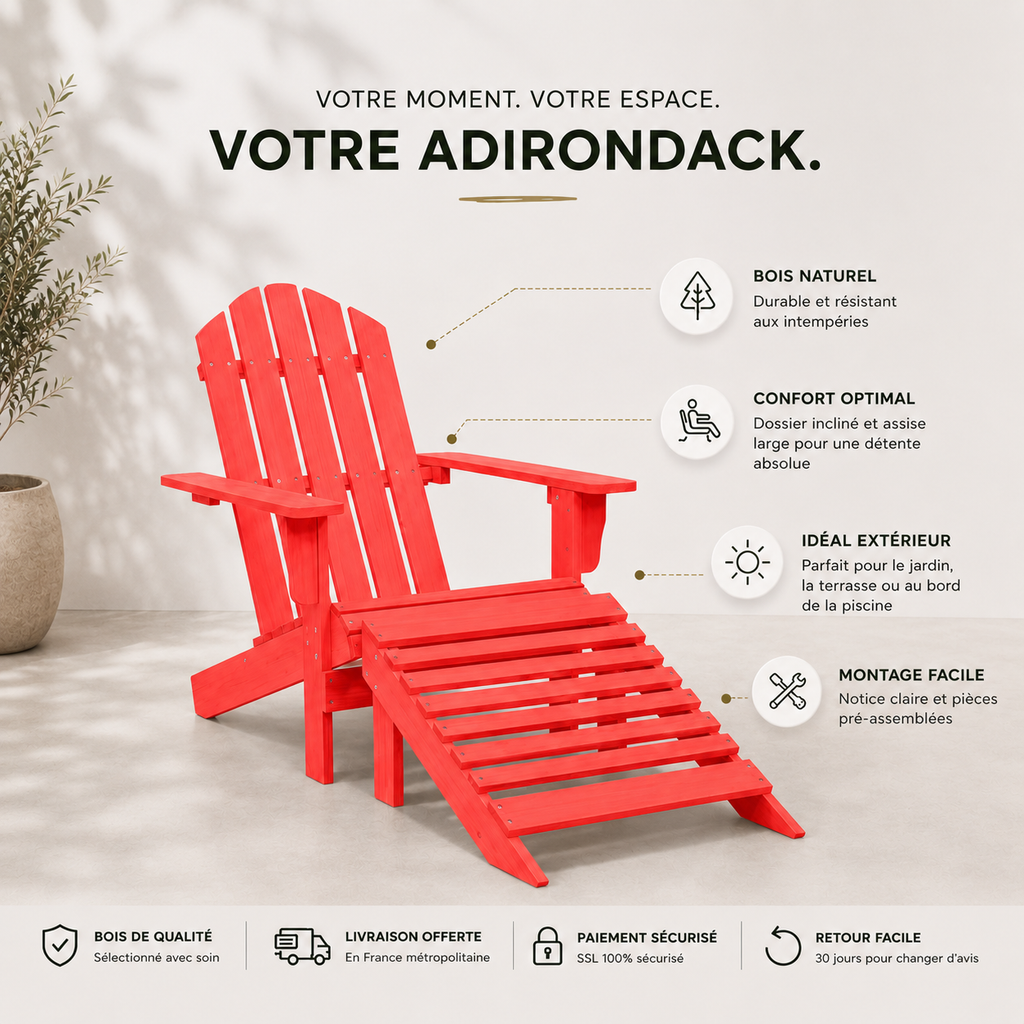 Chaise de jardin Adirondack + repose pieds en bois de sapin Rouge - Club Adirondack photo 10