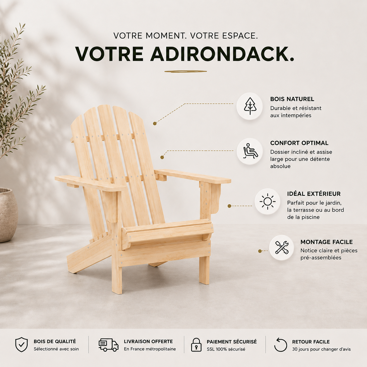 Chaise de jardin Adirondack + table basse en bois de sapin Beige - Club Adirondack photo 10