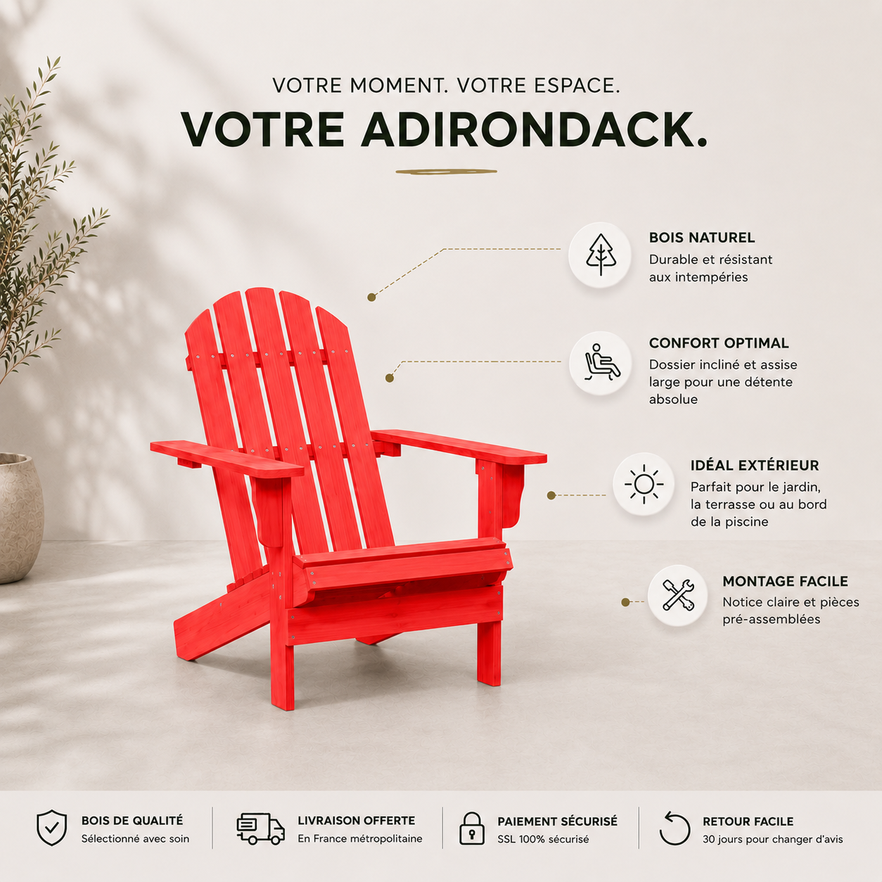 Chaise de jardin Adirondack en bois de sapin Rouge