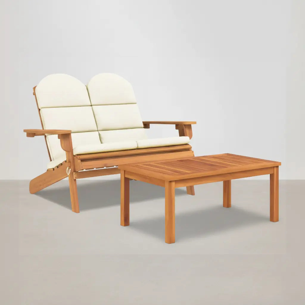 Ensemble de jardin : banc 2 places style Adirondack avec coussins blanc + table basse en bois d'acacia vidaXL